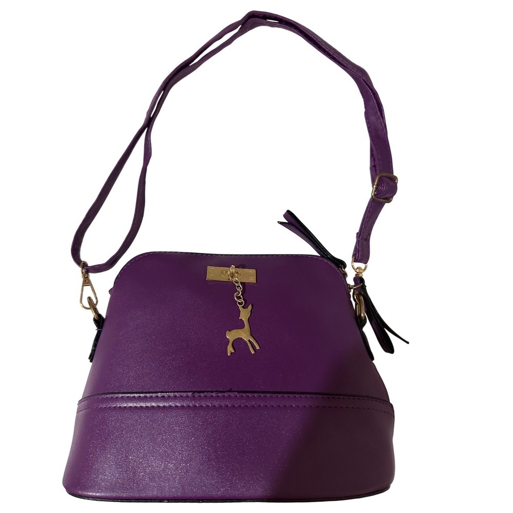 Purple Dome Crossbody Bag with Gold Tone Deer Charm and Adjustable Strap